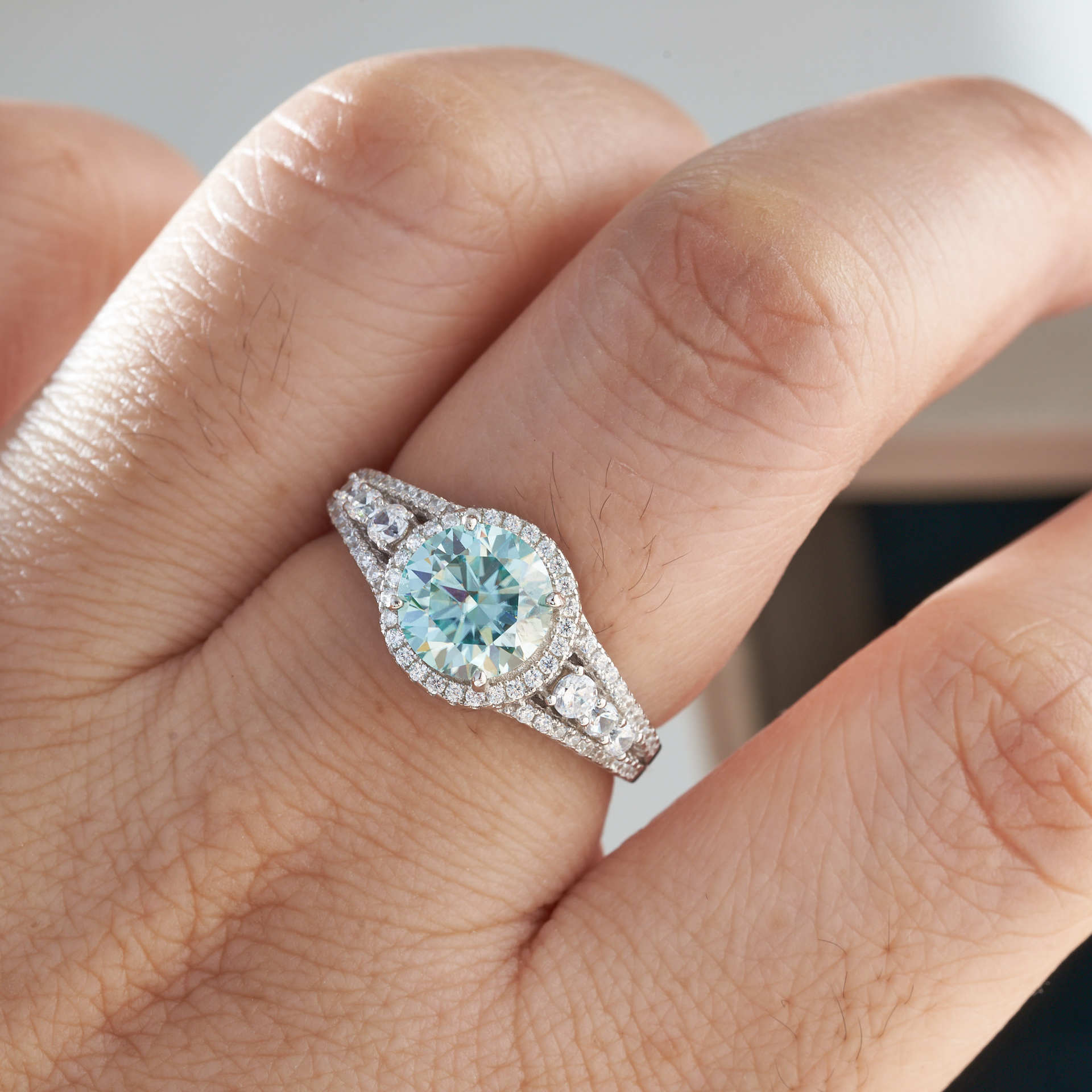 2CT anillo de piedra de diamante de color plata esterlina S925 anillo de piedra de diamante de lujo rosa azul de piedra de diamante