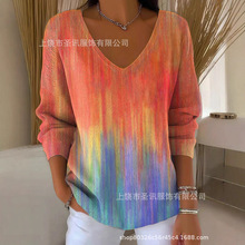 欧美跨境独立站新款3D印花女士时尚渐变色V领长袖T恤上衣