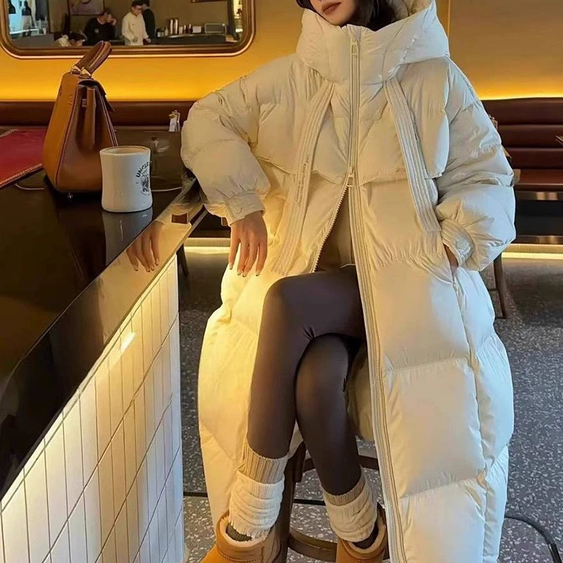 Зимний модный белый пуховик, макси длина, западный стиль