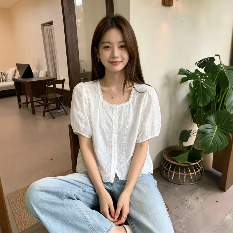Korean Style Embroidered Puff Sleeve Short-Sleeved Shirt for Women Summer New Style Square Collar Lace Trim Fresh and Sweet Top Wholesale