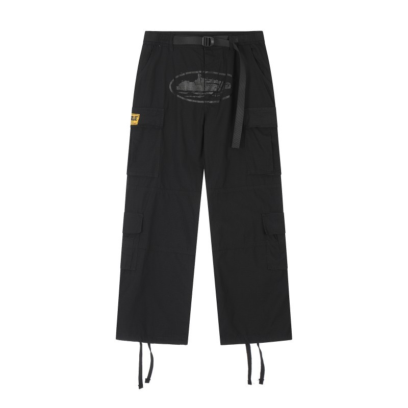 Pantalones cargo estilo COR Devil de la marca estadounidense de moda para hombre, con múltiples bolsillos, botones laterales, pantalones jogger vintage holgados de pierna recta con cordón ajustable.
