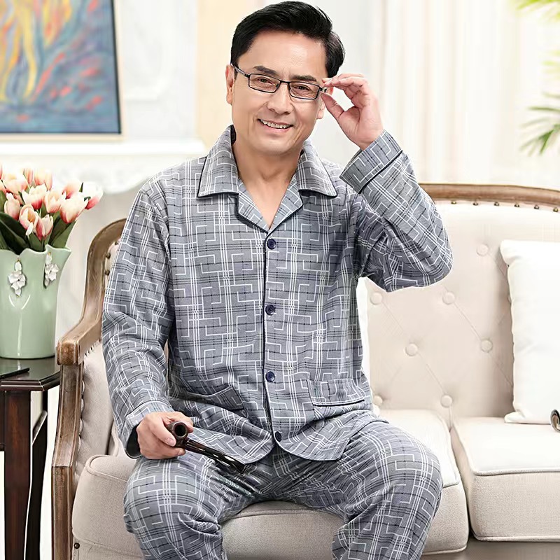 Pajama de mediana edad hombre primavera y otoño manga larga cardigán hombre de mediana edad set de ropa para el hogar