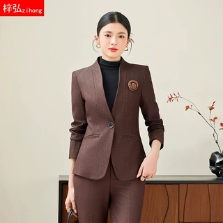 高级感深棕色无领西装外套女2025新款秋冬通勤职业工作服西服套装