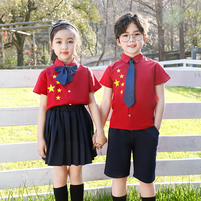 幼兒園園服夏裝短袖套裝紅色中國風兒童班服畢業服小學生校服夏季