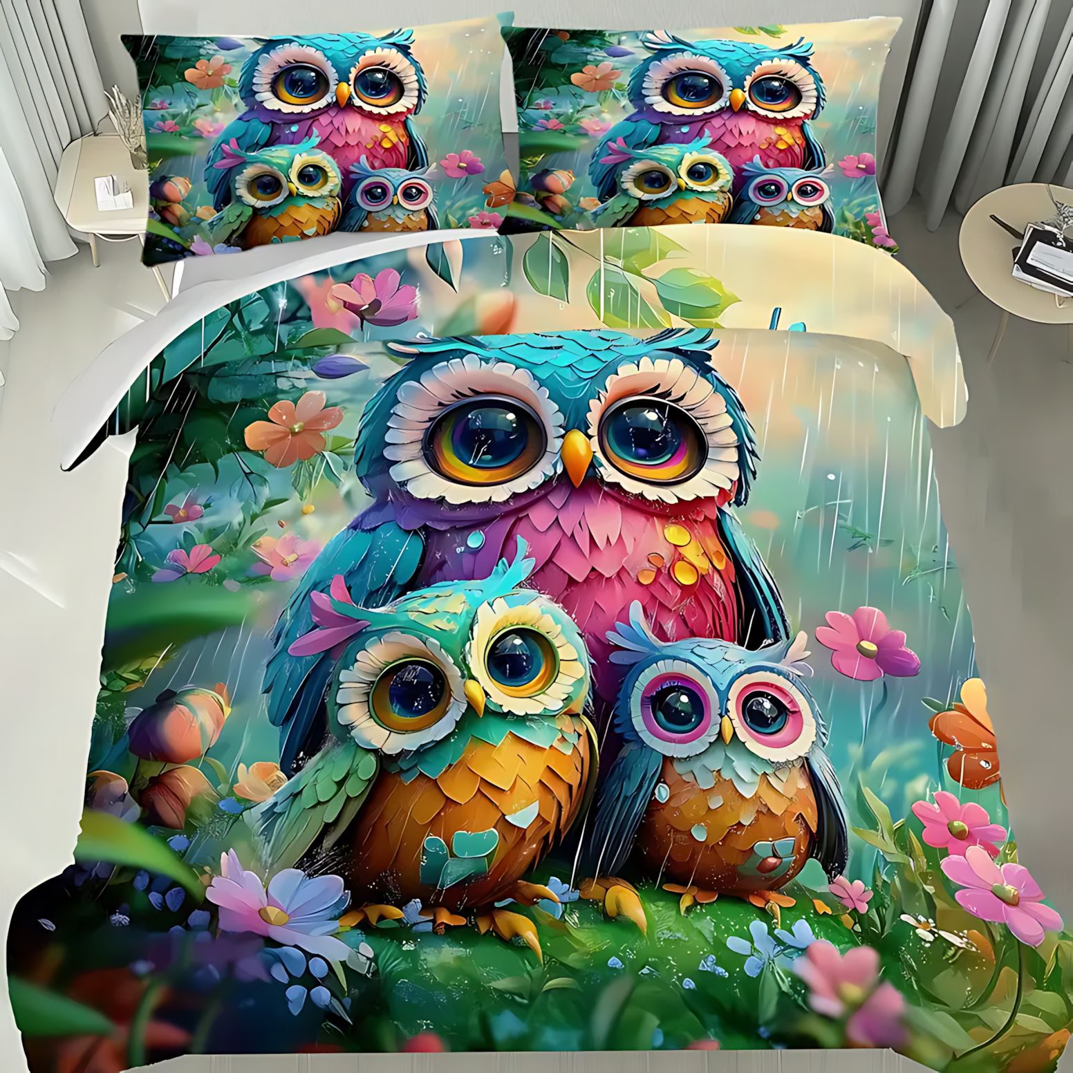 Temas de dibujos animados TEMU / JIT de comercio exterior búho impresión digital 3D cubierta de edredón con kit de cama para dibujar se puede hacer