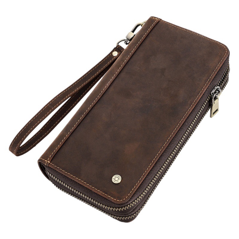 Black Angel Vintage Crazy Horse Cowhide Men's Long Wallet Double Zipper with Wrist Strap Clutch Bag Cross-border Hair