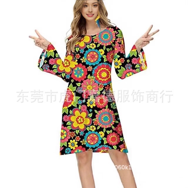 2070s disco dress peace and love cosplay costume party long sleeve A- line skirt