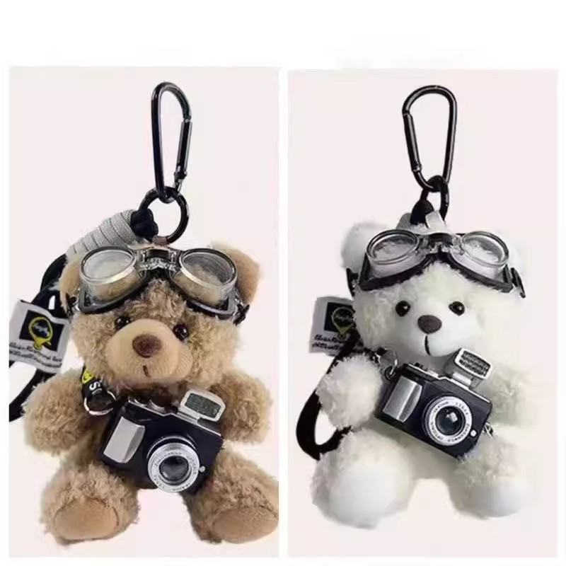Cámara flash osos colgantes bolsos de peluche muñeca tela muñeca pareja llaveros regalo de cumpleaños creativo