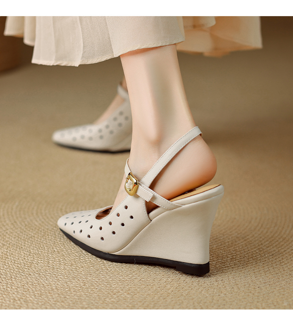 Sandal cao gót nữ mũi vuông quai ngang đế xuồng da thật lỗ thoáng khí — màu vàng, Trắng sữa, bạc chi tiết 6