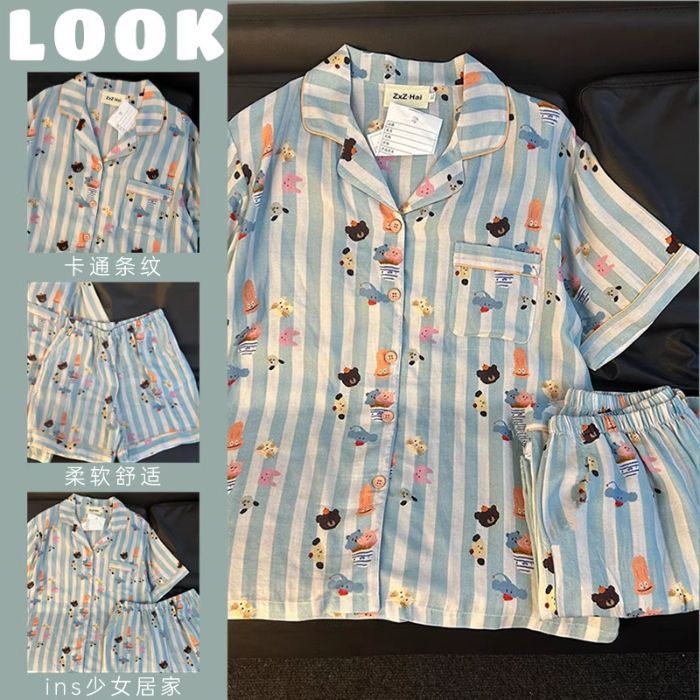 Vietnam transfronterizo al por mayor pijamas de verano mujeres nubes algodón de manga corta pantalones cortos traje cardigan dibujos animados lindo traje de servicio a domicilio