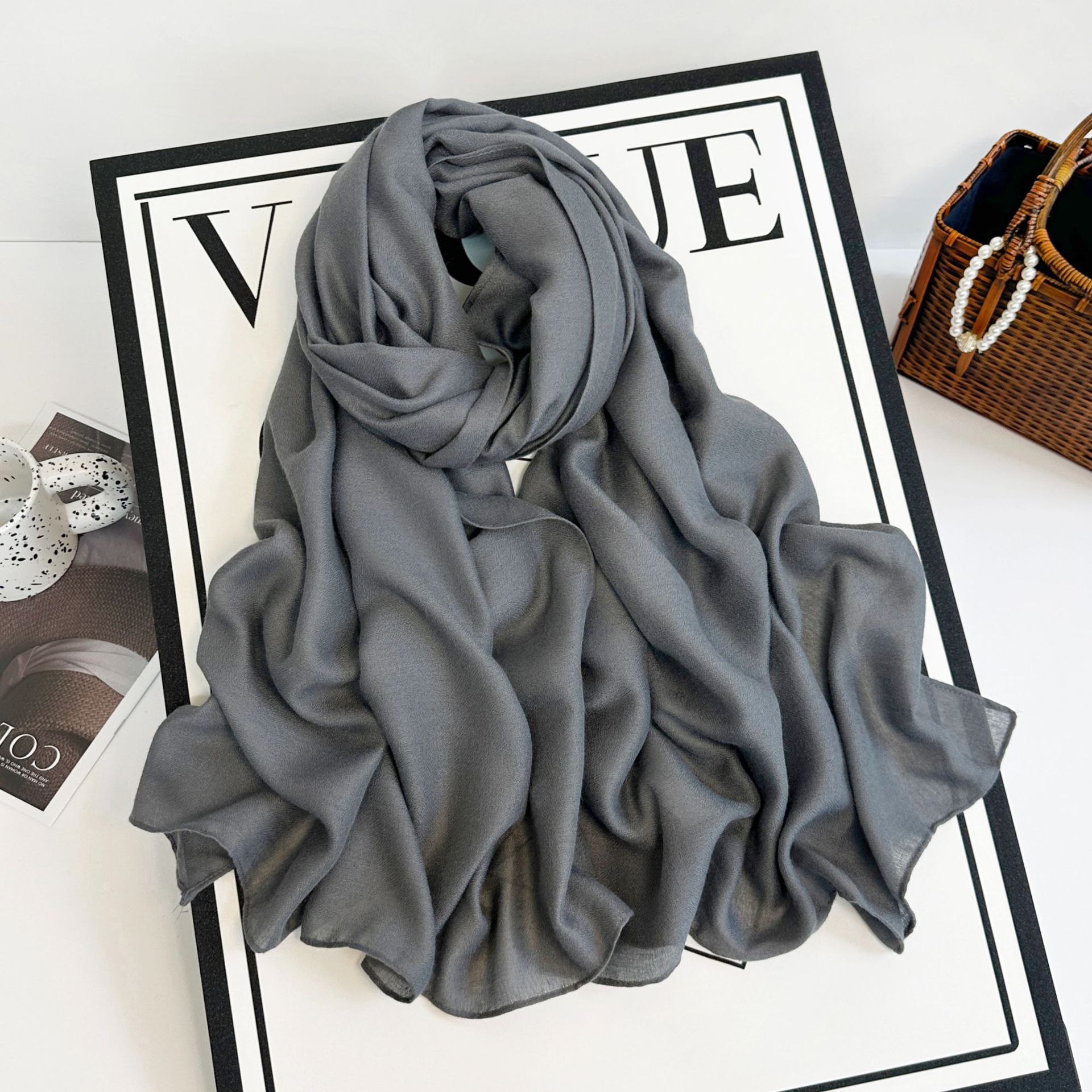 Sciarpa lunga da donna in cotone e canapa 2023 autunno/inverno tinta unita monocromatica multicolore_voghion.com