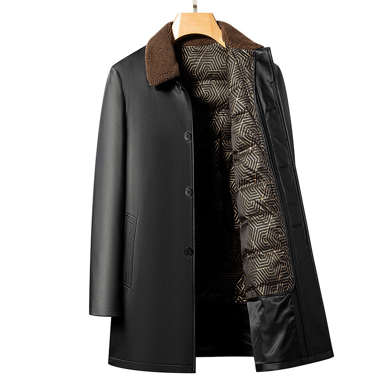 2025 New Winter Pu Leather down Jacket Men's Mid-Length Middle-Aged and Elderly Lapel Removable Liner Leather Outwear Jacket