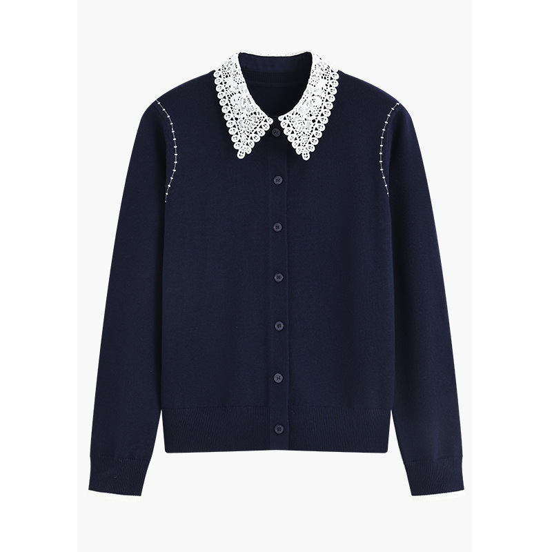 Lace Lapel Long-Sleeved Contrasting Color Knitted Cardigan for Women 2025 Autumn and Winter New Elegant Commuter Woolen Versatile Top