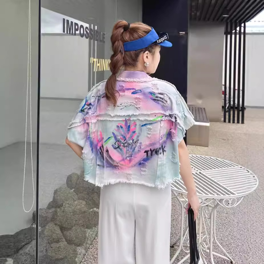 Marca de moda tailandesa 2024 otoño nuevo abrigo denim teñido de la industria pesada mujer graffiti sensación de diseño de abrigo de clip suelto image 2