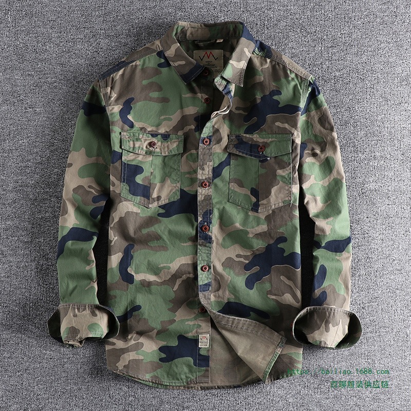 咔叽水洗迷彩美式工装长袖衬衫男双口袋百搭休闲军旅青年上衣