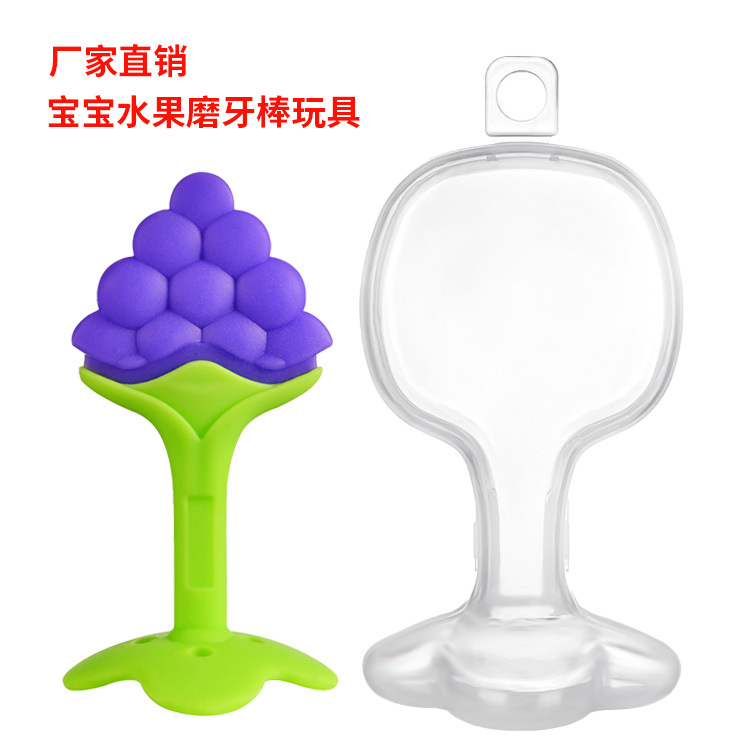 Wholesale dual-color 3D fruit-shaped baby teethers, strawberry and grape flavors, odorless silicone baby teethers