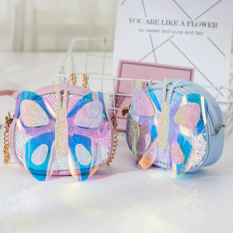 韩版儿童包包单肩包炫彩蝴蝶迷你斜挎包女童链条包宝宝零钱包防水