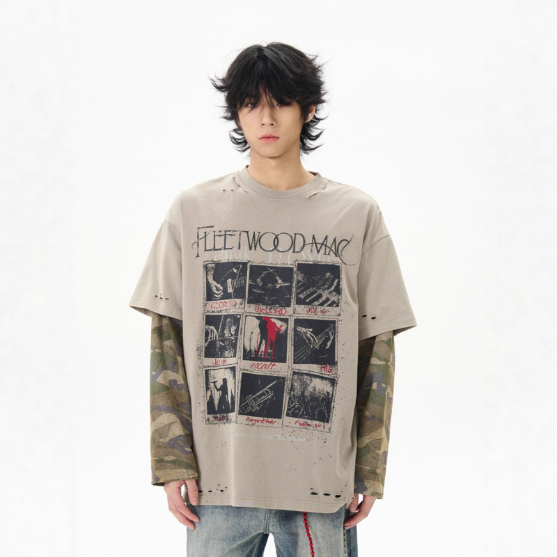 Spring and Autumn American Retro Fake Two-Piece Design Long-Sleeve T-Shirt for Men, Stylish and High-End Camouflage Patchwork Top Trendy