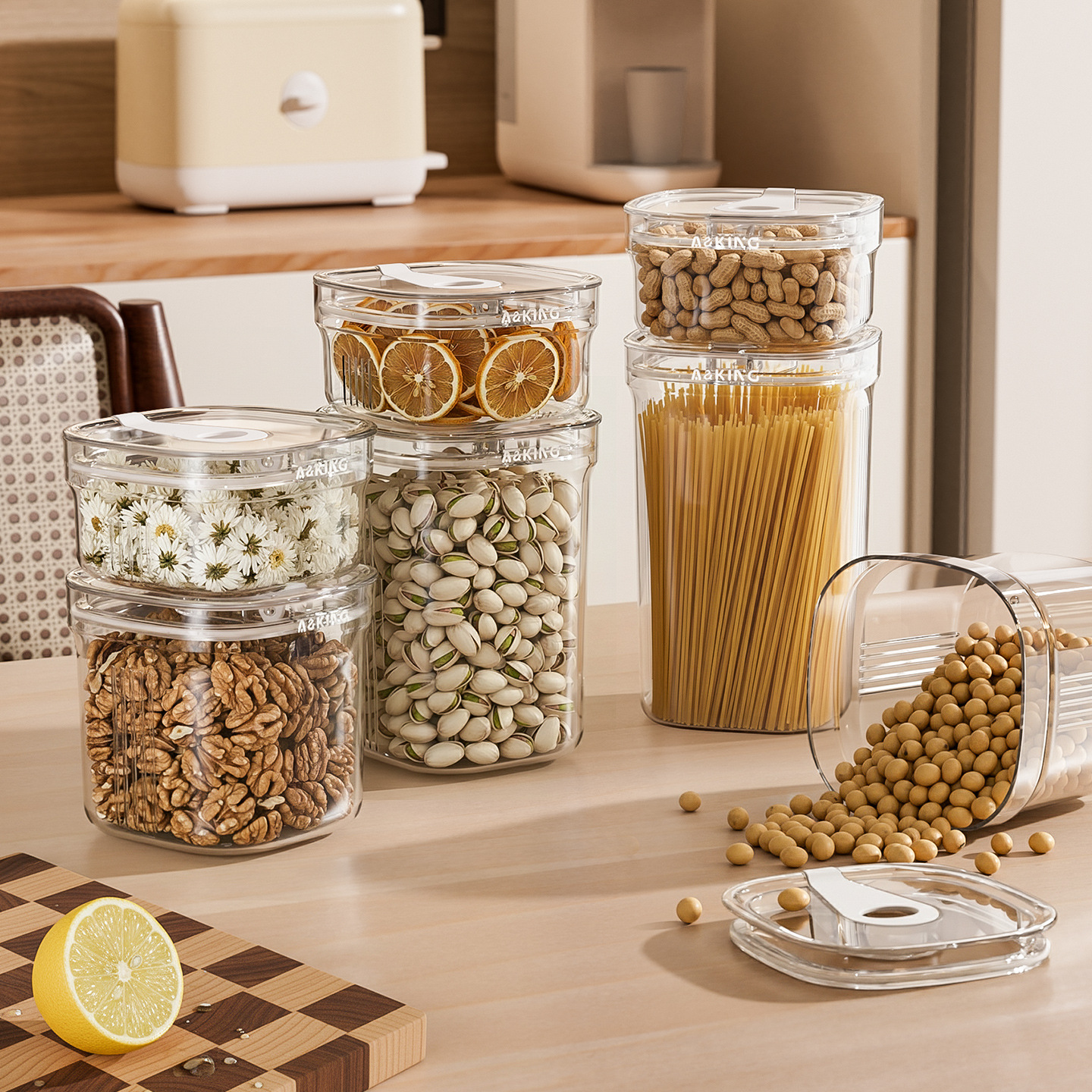 Tanque sellado de plástico, caja de bocadillos, tanque de almacenamiento de té, granos, granos, cocina, almacenamiento de productos secos de grado alimenticio, transparencia