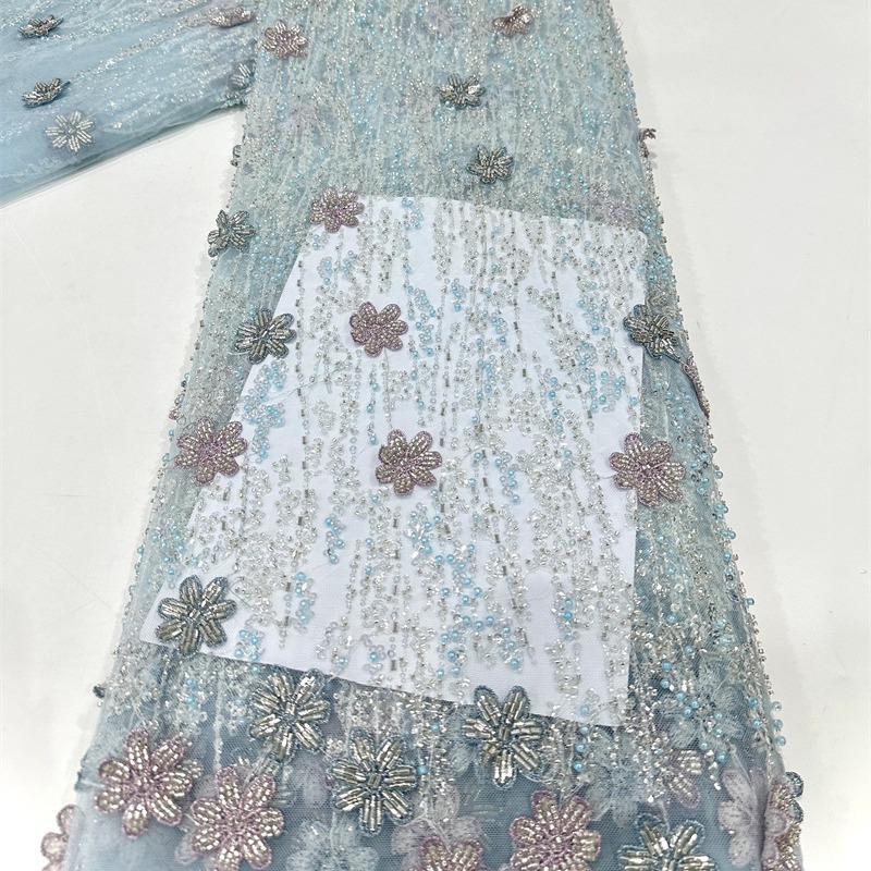 Multicolor decalca hecha a mano tubo de perlas bordado tela de malla pequeña cena de hadas fresca vestido de boda tela de vestido