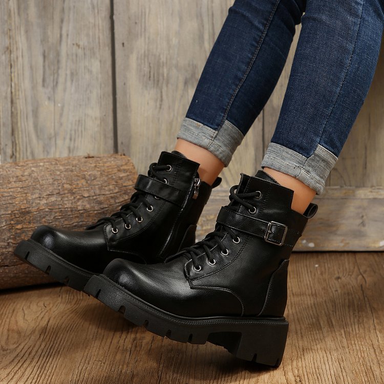 New autumn winter British style motorcycle boots thick soled belt buckle vintage ankle boots plus size_voghion.com