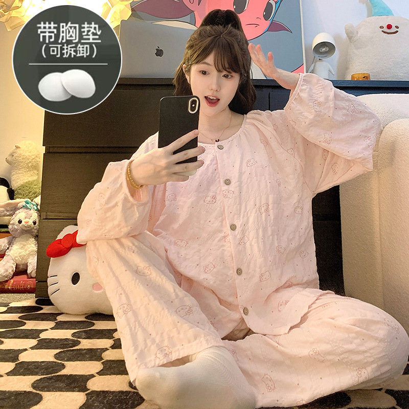 Wholesale plus-size plus-size plus-size fat girl 120kg kt cat long-sleeved pajamas for women sweet 120kg long pants home wear set Wholesale plus-size plus-size plus-size fat girl 120kg kt cat long-sleeved pajamas for women sweet 120kg long pants home wear set