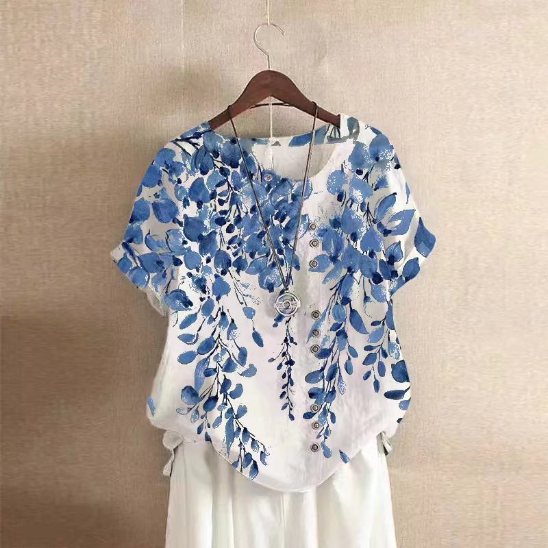 一线品牌大牌尾单剪标女装2025春夏印花复古棉麻短袖休闲T恤上衣