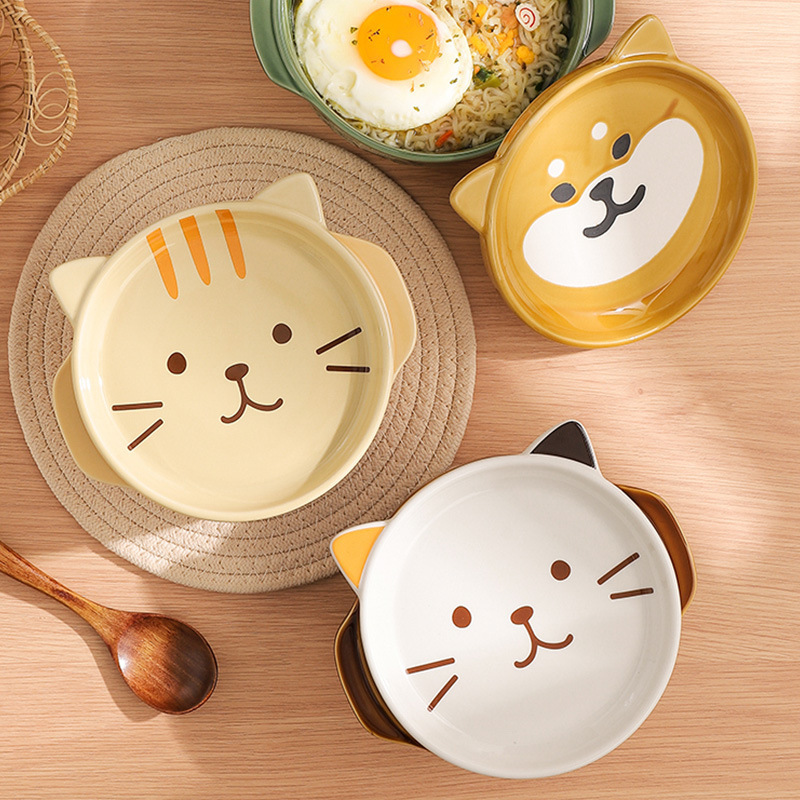 Japanese Style Cartoon Cat Cute Ceramic Bowl Distinctive Large Capacity Household Double Ear Bowl Soup Bowl with Lid for Students