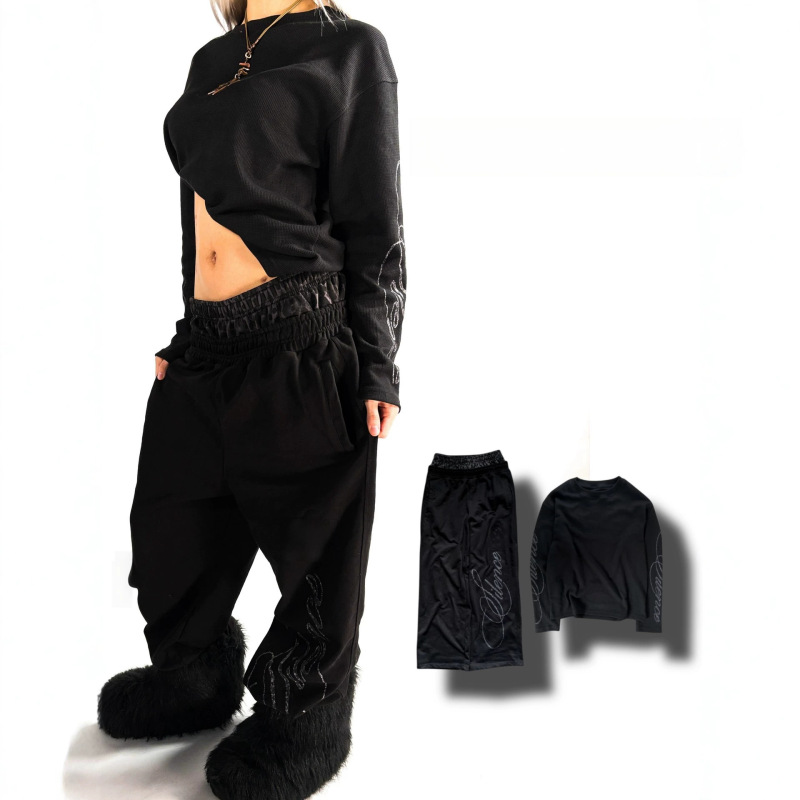 Y2K Gothic Trendy Round-Neck Letter-Print Long-Sleeve Loose Pullover Unisex Casual Hip-Hop T-Shirt and Sweatpants