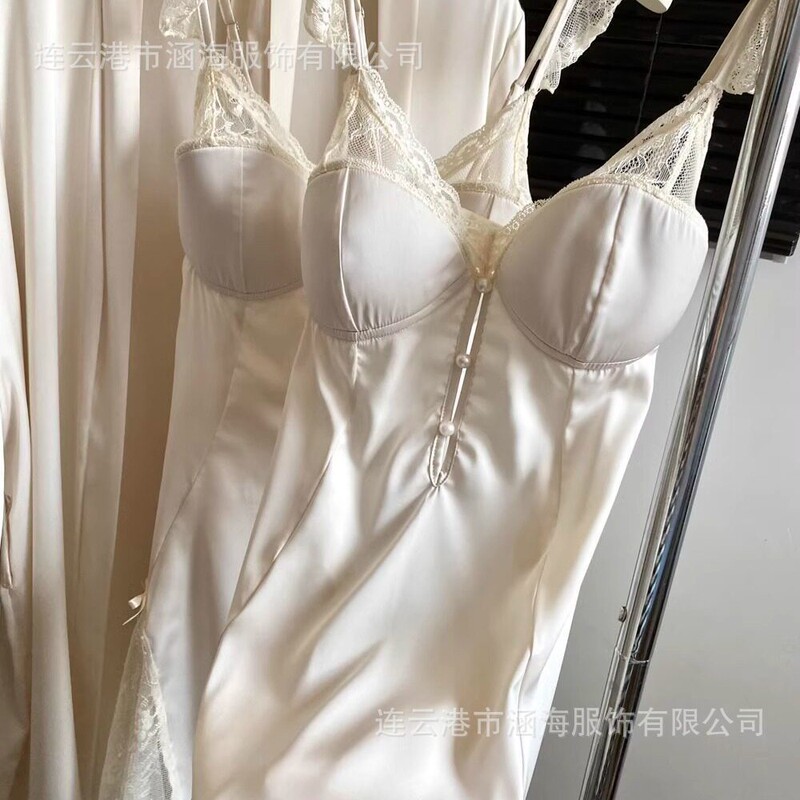 New French-style white moonlight gradient lace pearl nightgown, pure and luxurious satin home wear set for women, sweet and elegant