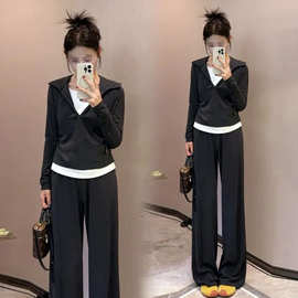 韩系休闲时尚运动套装秋季新款显瘦假两件上衣连帽阔腿裤两件套女