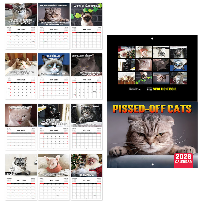 Cross-border new 2026 PISSED-DFF CATS Angry Cat calendar wall mounted staple wall calendar in stock