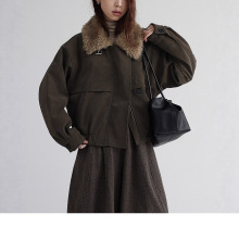 韩系复古！旧旅痕章工装短款可拆卸毛领麂皮pu棉服皮夹克外套女冬