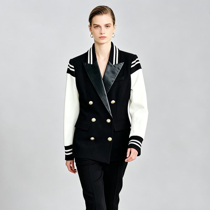 Jacket 2026 Fashion New Style College Style Ribbed Cuffs Double-Breasted Lion Buttons Color-Blocked Leather Long Blazer Jacket 2026 Fashion New Style College Style Ribbed Cuffs Double-Breasted Lion Buttons Color-Blocked Leather Long Blazer