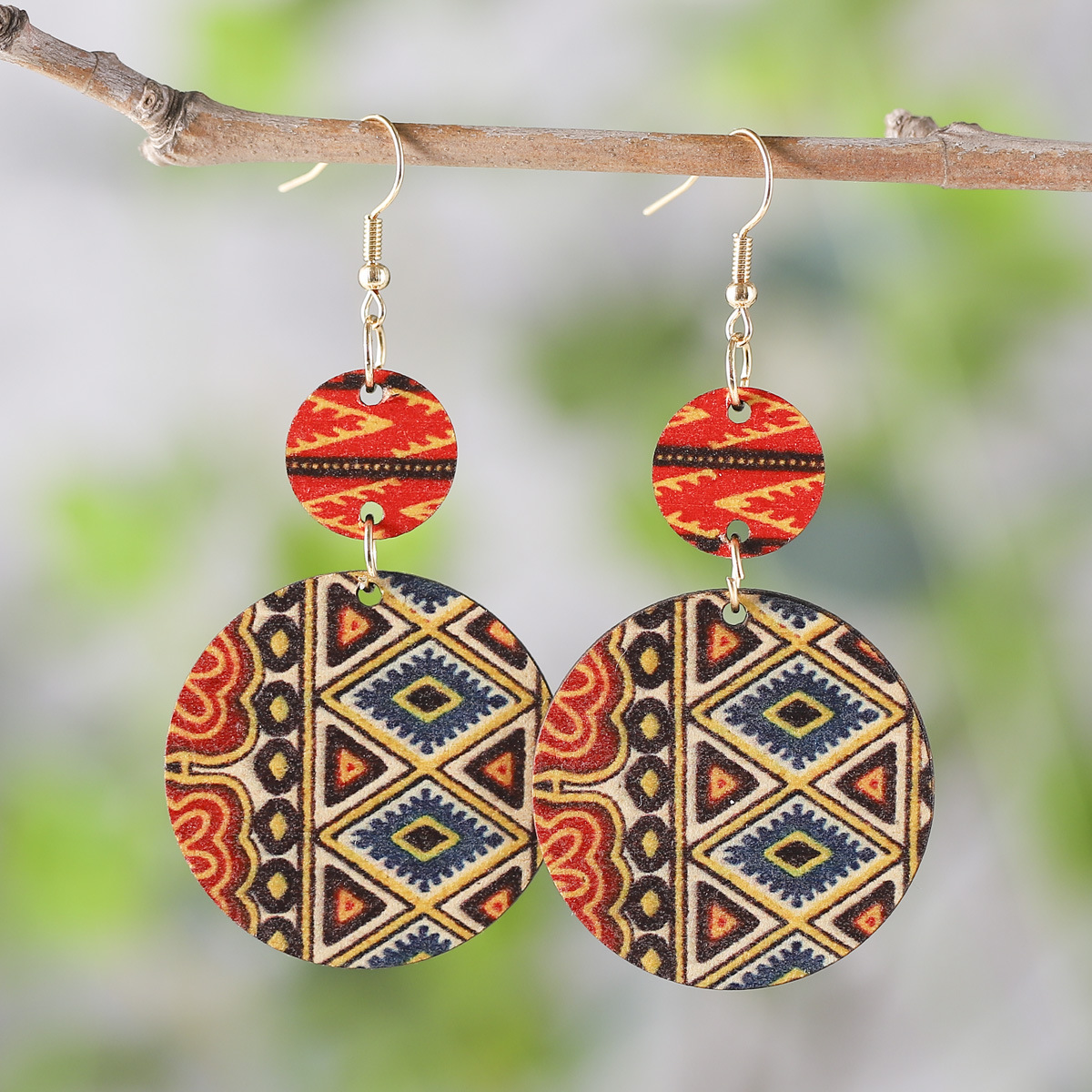 1 Pair Quantity Bohemian Geometric Wood Printing Women's Drop Earrings