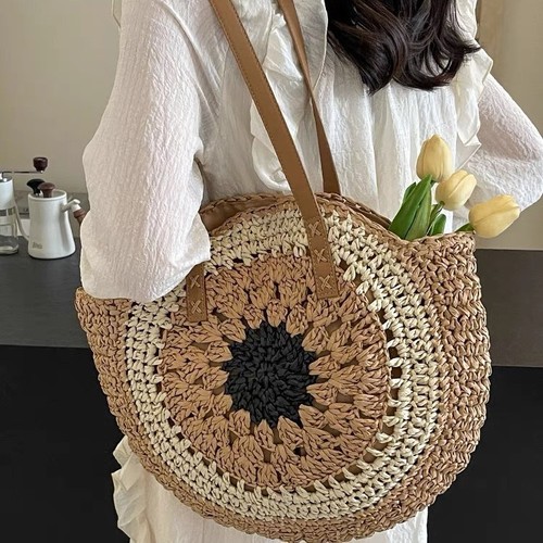 2024 New Paper Rope Lattice Colorful Large Round Grass Woven Bag Casual Beach Bag Single Shoulder Fashion Woven Handbag for Women