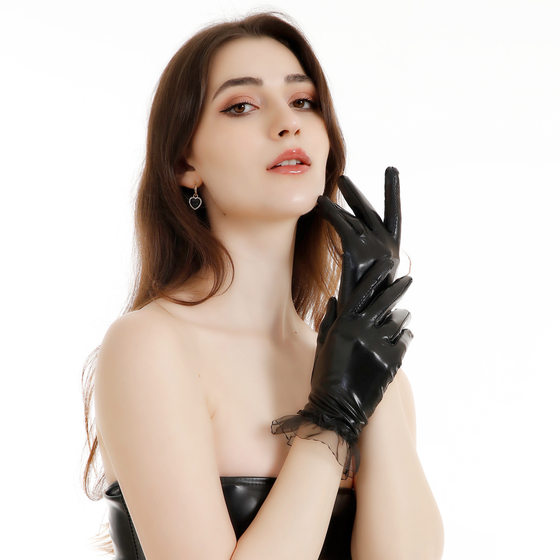 Short Mesh Edge Patent Leather Gloves DS Steel Tube Dance Performance Gloves Halloween cosplay Coated Gloves