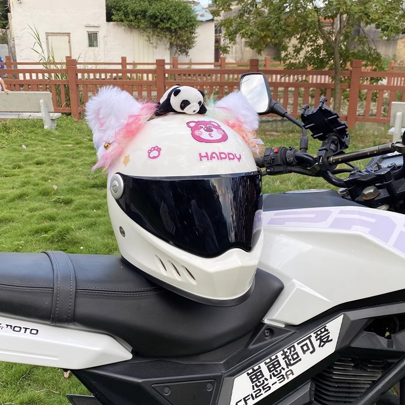 Cute Colorful Fluffy White Cat Ear Helmet Accessories Detachable Motorcycle