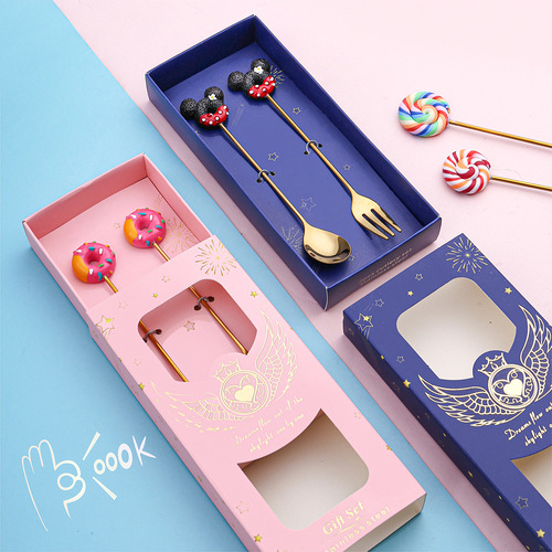 W Creative Stainless Steel Spoon and Fork Stirring Coffee Spoon Donut Spoon Cute Cartoon Fruit Fork Gift Box Set