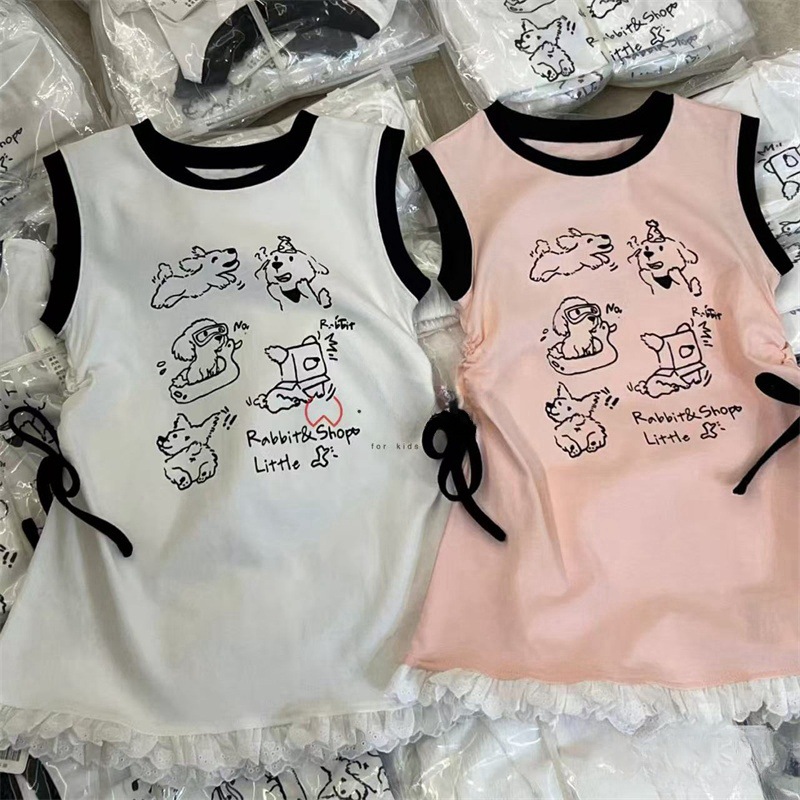 Falda de chaleco de bebé para niños coreanos, falda de chaleco con estampado de cachorro lindo para niños, vestido de niña con borde de encaje dulce