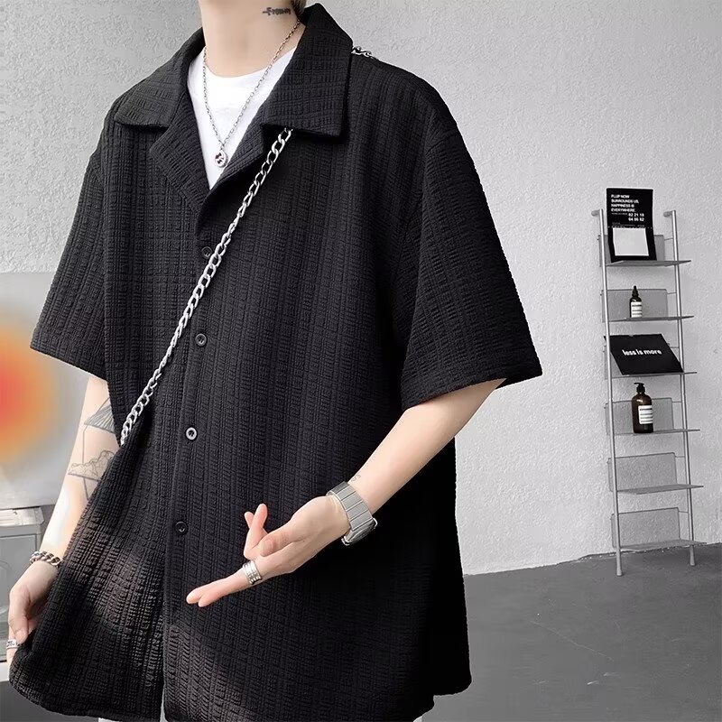 Summer Jacquard Ice Silk Heavyweight Cuban Collar Short Sleeve Shirt Men's Fashionable Versatile Clothing_viptrois.com