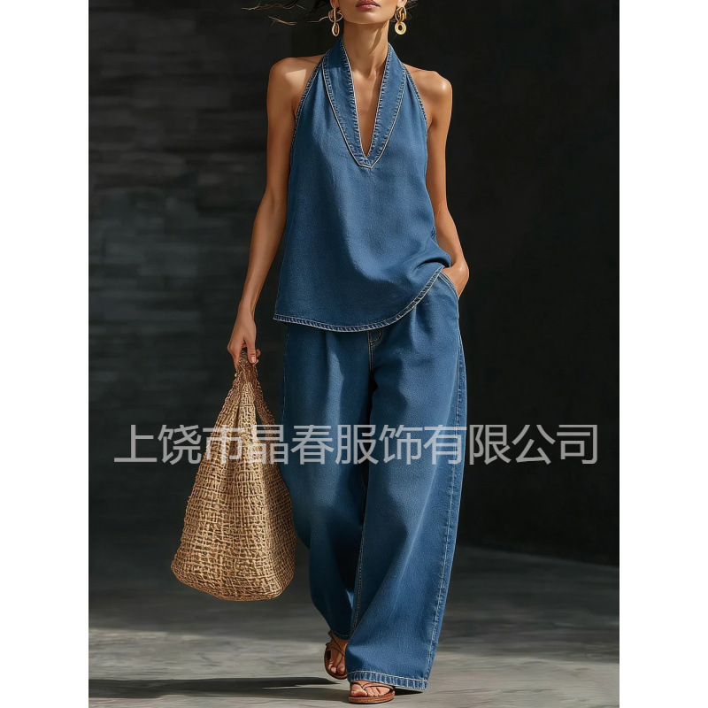 European and American Cross-Border Summer New Vintage Washed Denim Set Popular Straight-Leg Casual Pants for Women European and American Cross-Border Summer New Vintage Washed Denim Set Popular Straight-Leg Casual Pants for Women