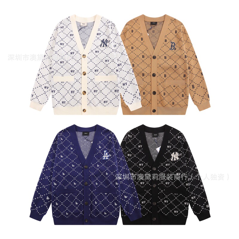 25 Autumn and Winter Trendy Brand Mlb High-Quality Retro Presbyopic Full-Print Embroidered Knitted Cardigan Sweater Same Style for Male and Female Stars
