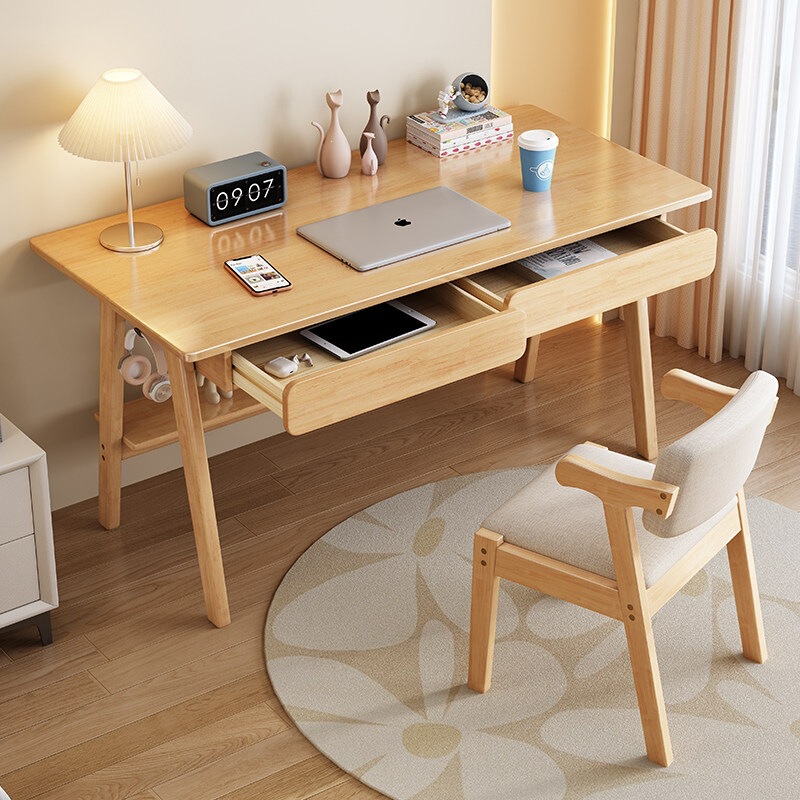 Nordic Minimalist Solid Wood Desk for Home Use, Available in Walnut and Natural Wood Colors, Suitable for Primary and Secondary School Students