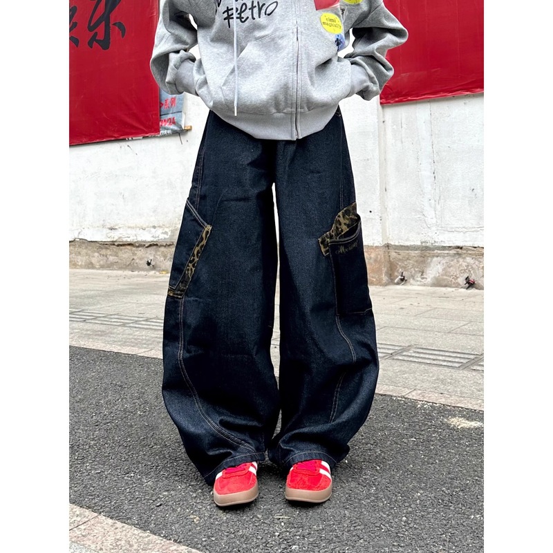 【广州新塘牛仔】复古豹纹拼接大口袋弯刀牛仔裤女夏季新款阔腿长|undefined