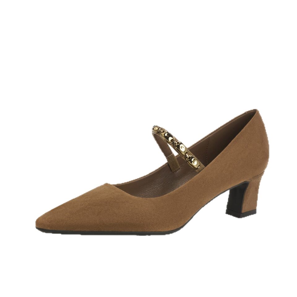 Giày cao gót nữ mũi vuông nhỏ quai ngang thanh lịch, gót vuông vừa 3–6 cm, chất liệu cashmere — Màu nâu, Màu đỏ rượu, màu đen