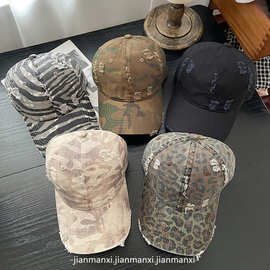 复古风水洗迷彩豹纹弯檐鸭舌帽子女情侣破洞遮阳防晒棒球帽男潮