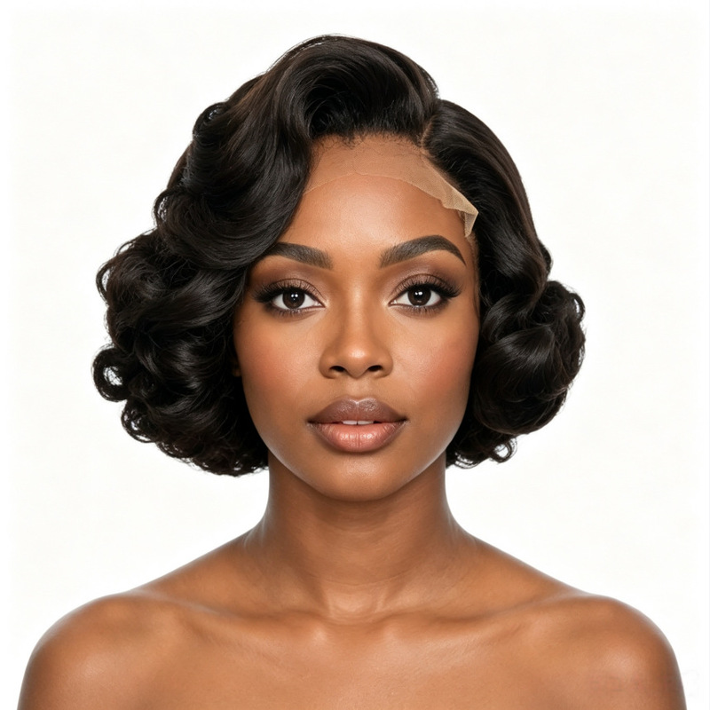 High-definition lace 5x5 human hair front lace short curly bob wig, bouncy human hair wig