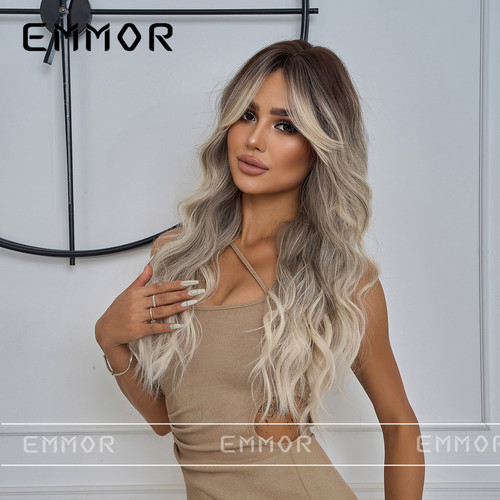 European and American cross-border new big wave wig for women with eight-character bangs, black gradient gray long curly hair, chemical fiber full headgear
