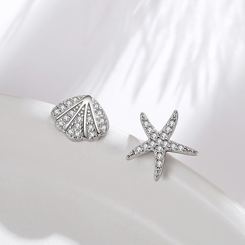 S925 plata esterlina Shell Starfish Stud pendientes para mujeres estilo japonés y coreano diamante completo diseño creativo asimétrico pendientes ins estilo